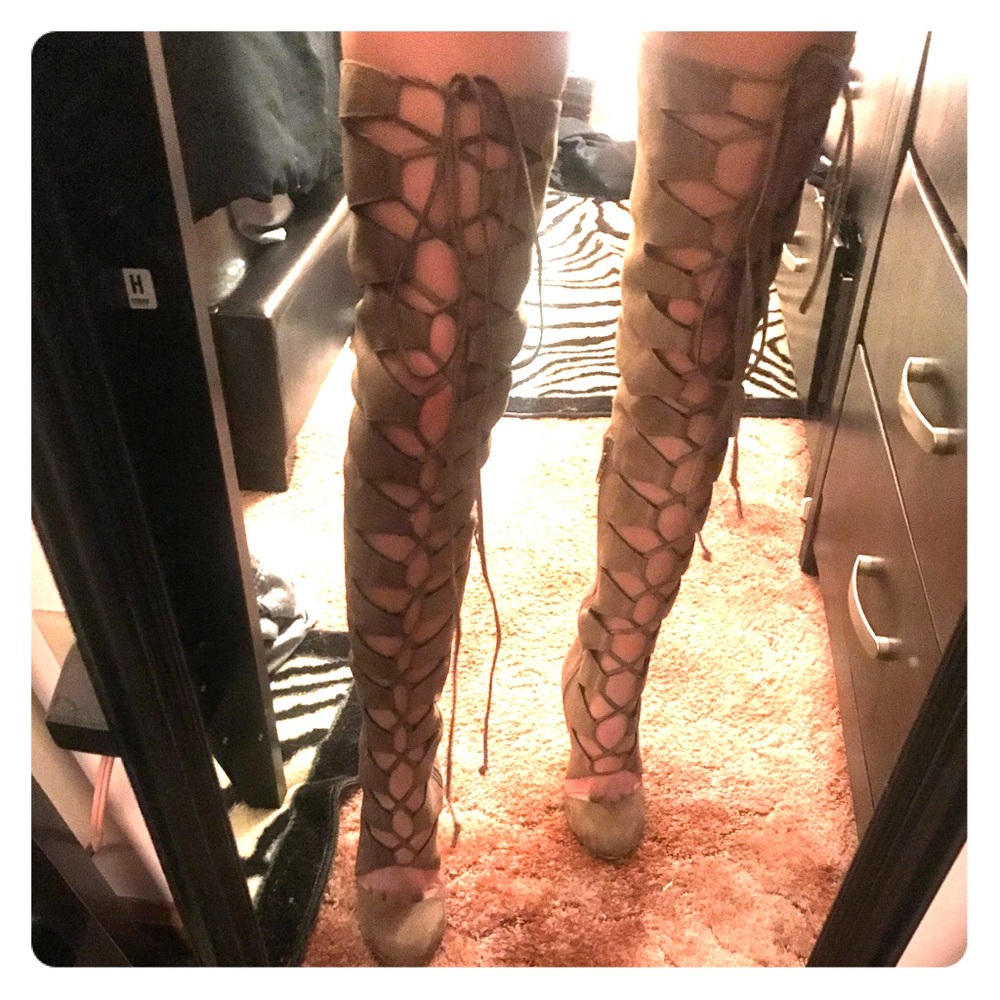thigh high tan strapped heels